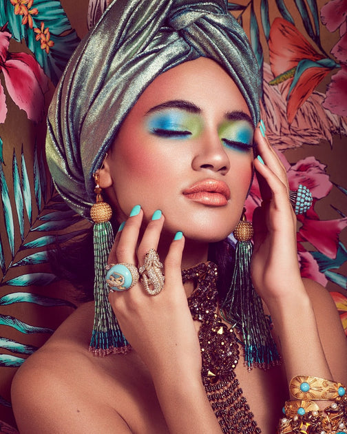 Julia Clancey twist turban blue paisley and gold STARTER TURBANS – Julia Clancey Luxury Resort main image 3