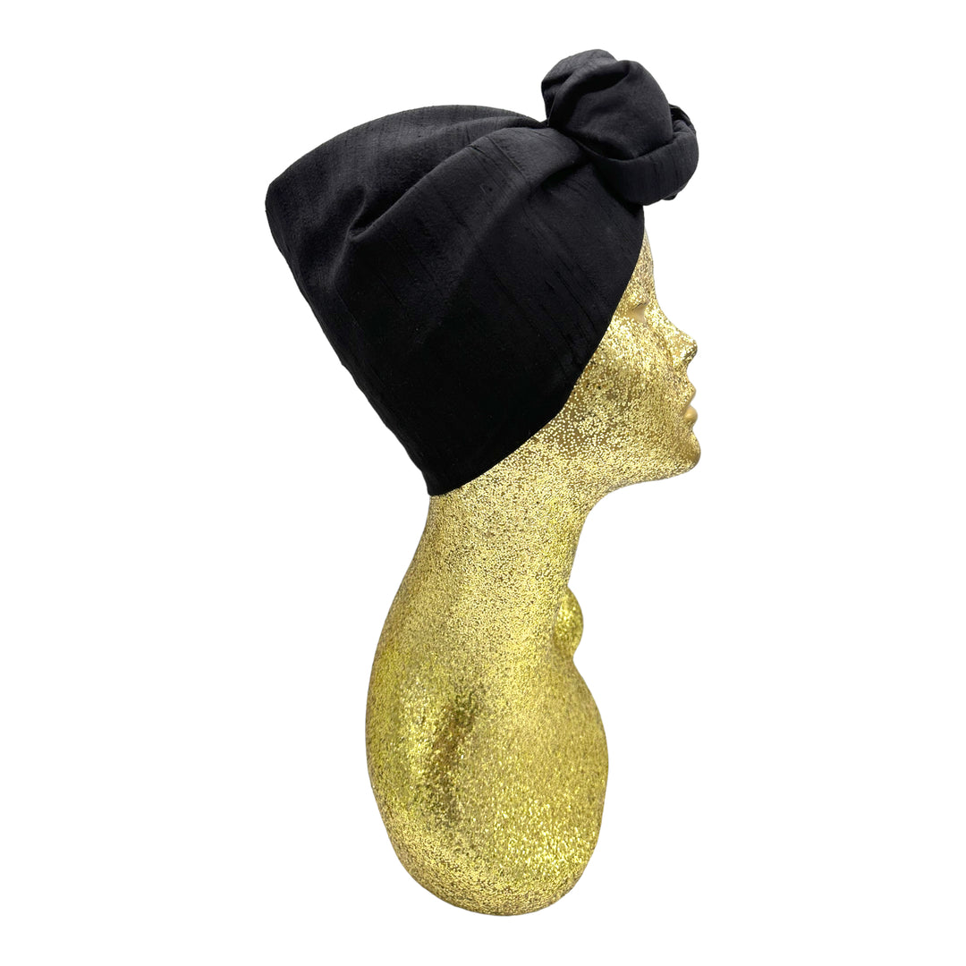 Black Julia Clancey silk turban with jeweled embellishments and beaded trim. Black Silk Open Turban – Julia Clancey Luxury Resort main image 2